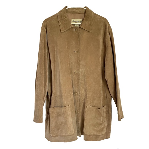 Eddie Bauer Jackets & Blazers - Eddie Bauer Women’s Genuine Leather Suede Button Up Longline Jacket in Tan 3X
